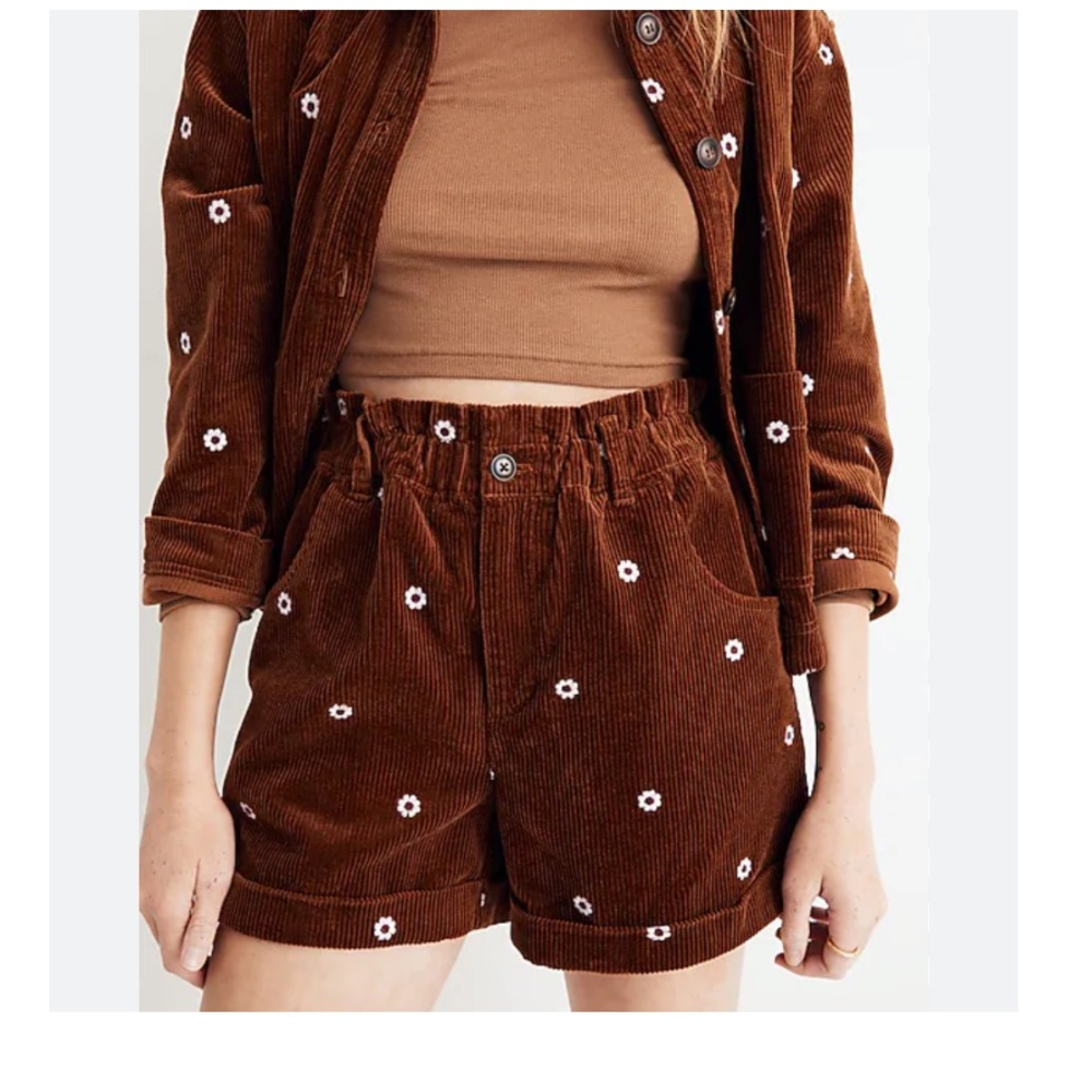 NWT Madewell Daisy Embroidered Corduroy Pull-On Paperbag Shorts - Picture 2 of 9